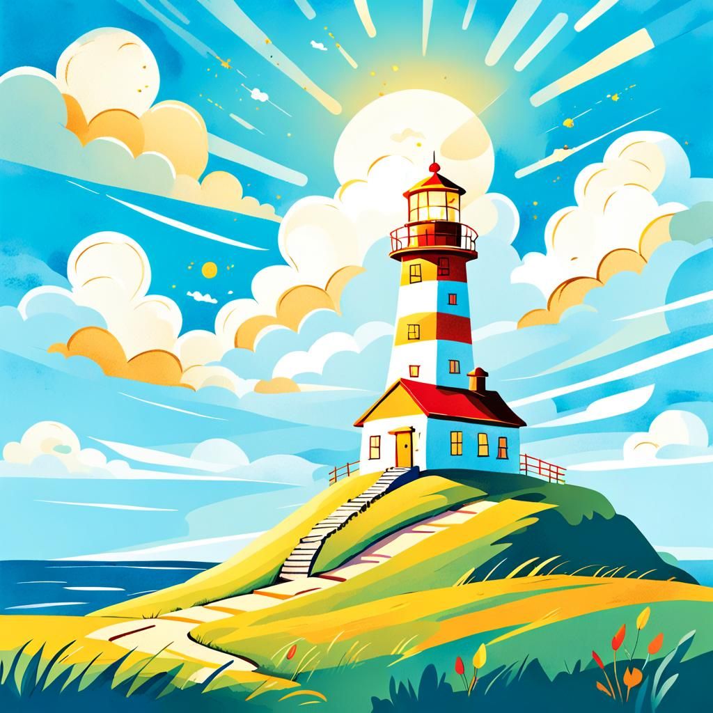 Stylized Lighthouse Illustration in Children's Book Style