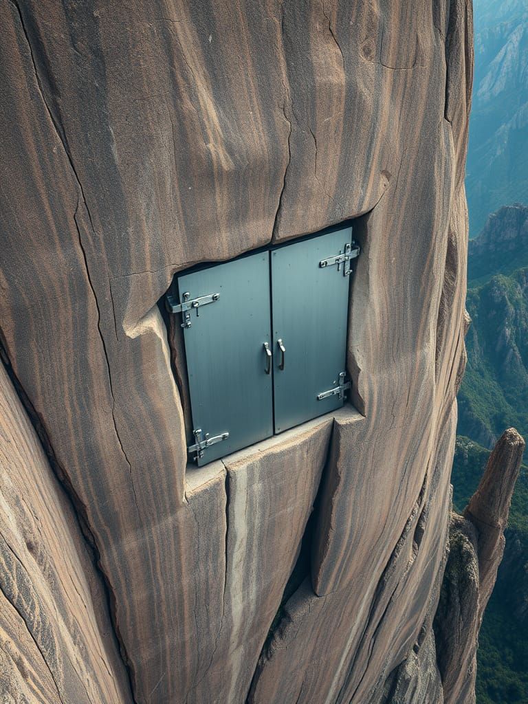 Unreachable Metal Door Embedded in Cliff Face