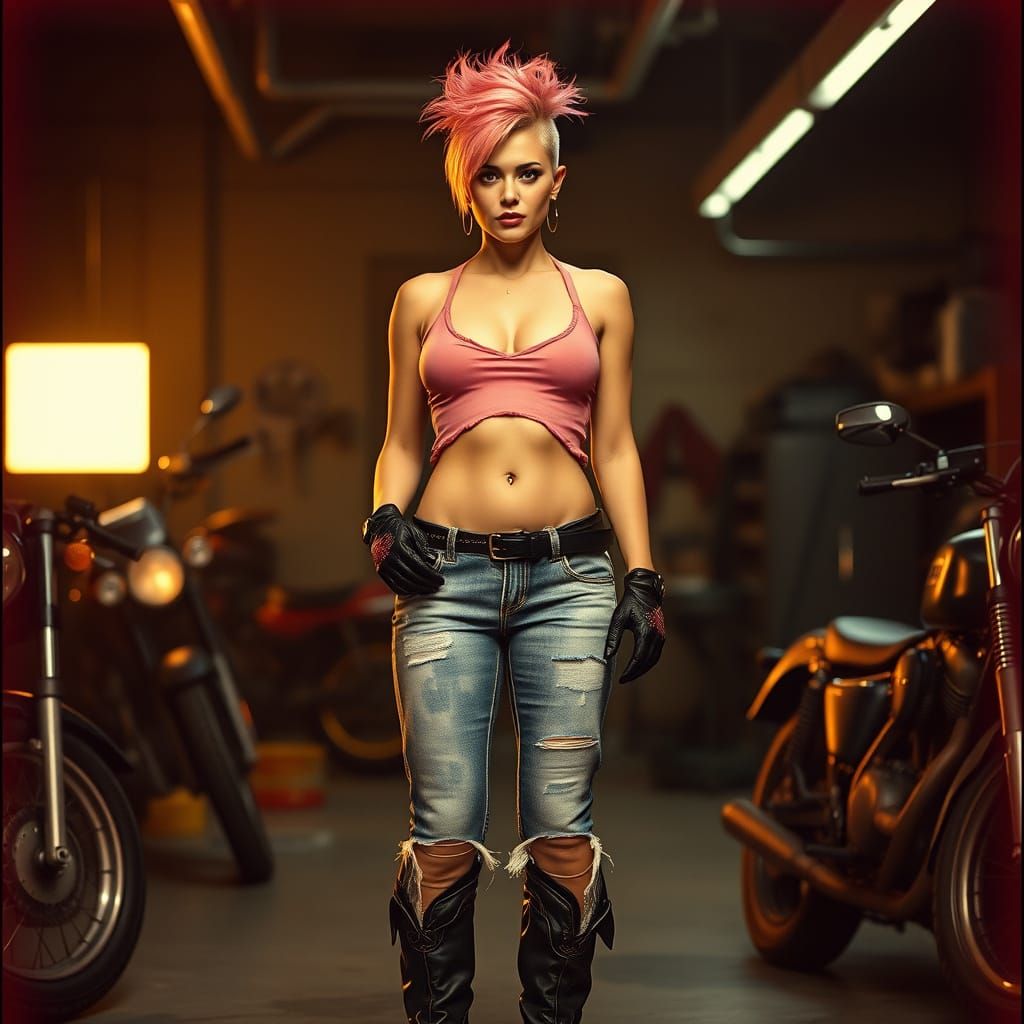Rebellious Biker Goddess in Neon Noir Style