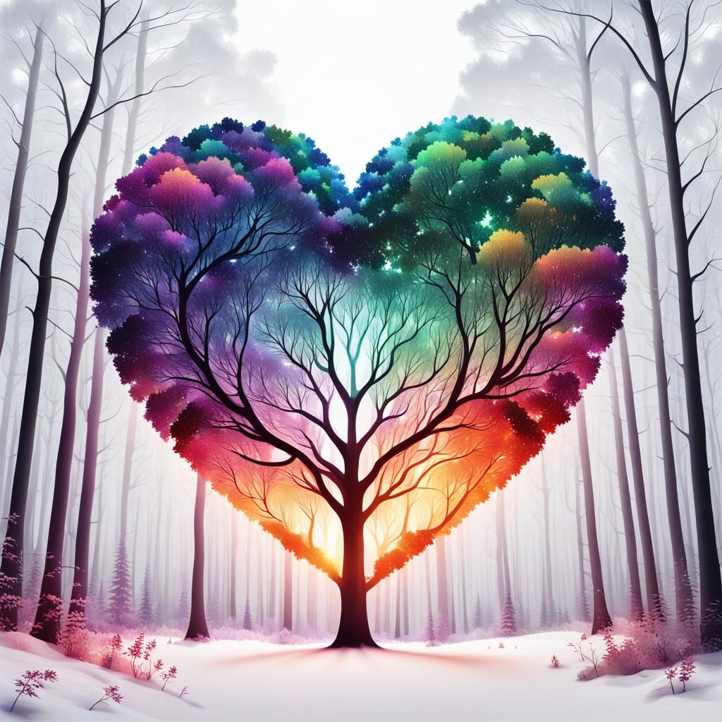 Heart-Shaped Forest of Glowing Multicolored Trees