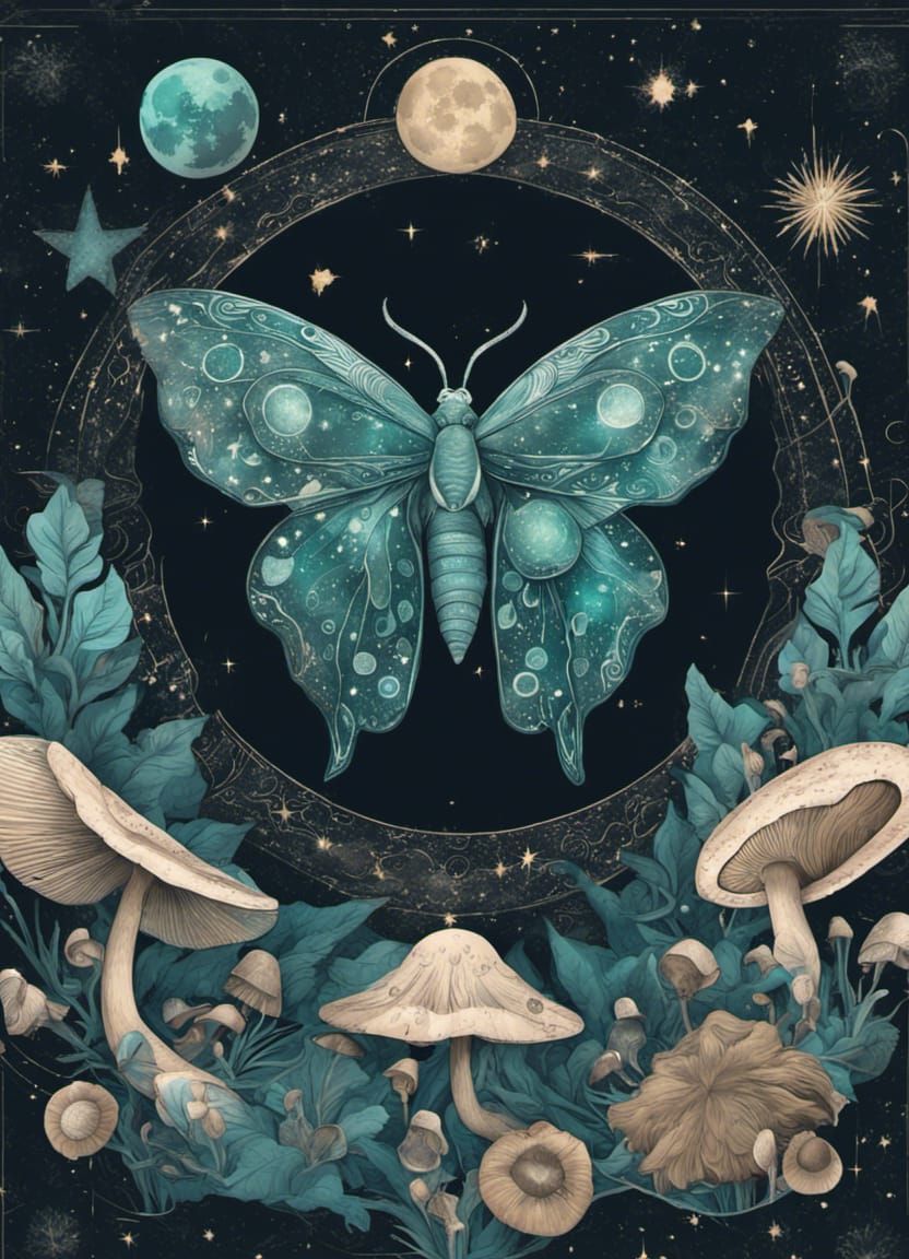 Celestial Crescent Moth with Mushrooms in Flat Vector Art