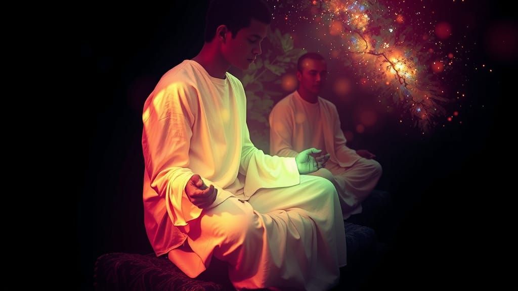 Indigenous Spirit Guide Meditating in Dual Light