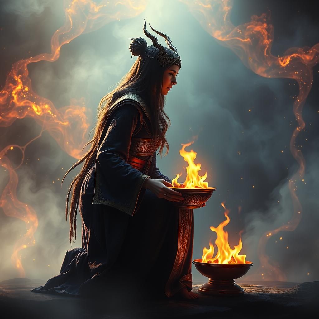 Priestess Holding Fire Bowl in Mystical Landscape