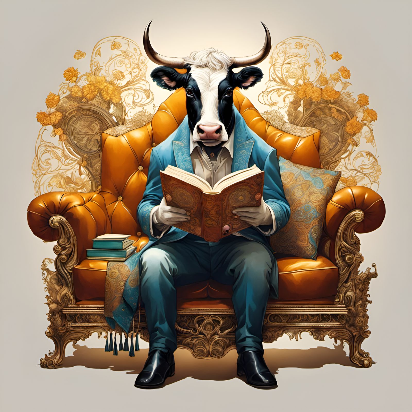 Charming Bull Reading a Book, Detailed Digital Art