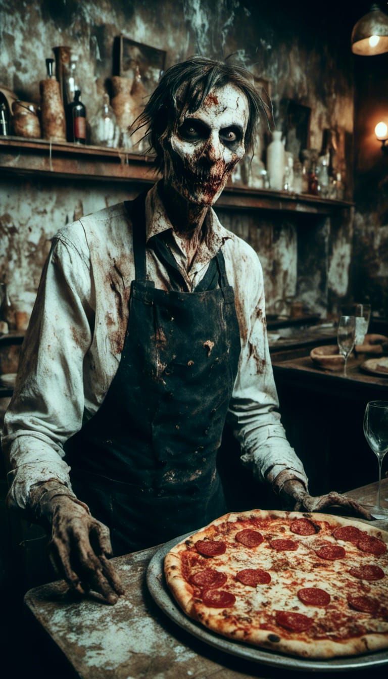 Macabre Waiter Serves Oversized Pizza