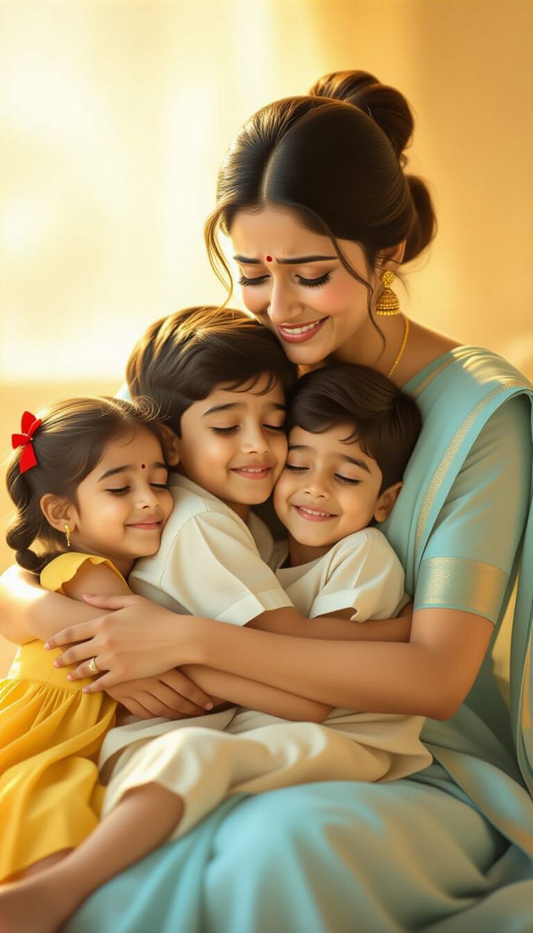 Emotional Mother Hugs Children in Golden Glow