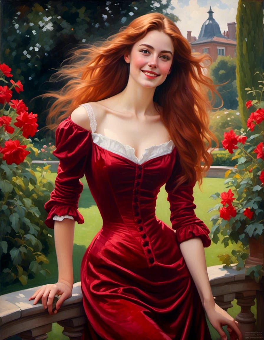 Victorian Woman in Red Velvet Dress Portrait