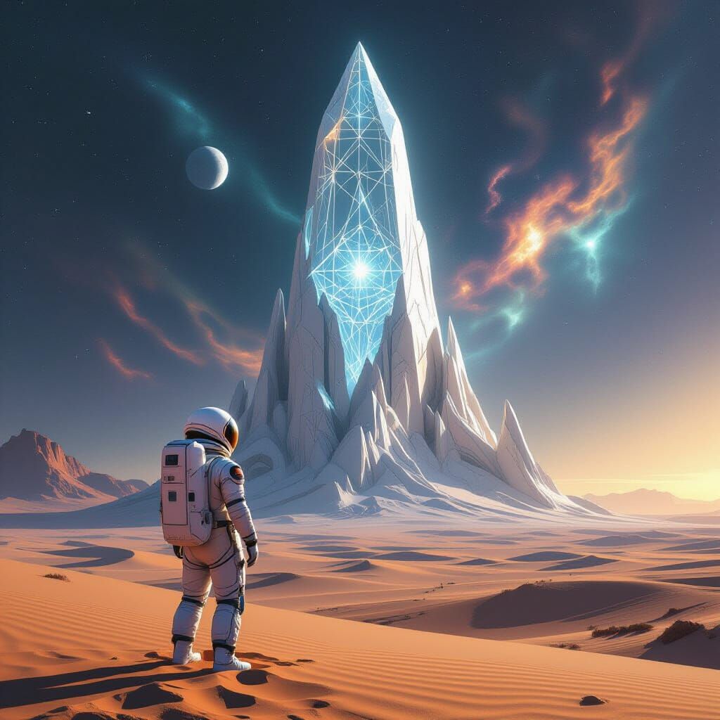 Astronaut Gazes at Crystalline Structure on Alien Planet