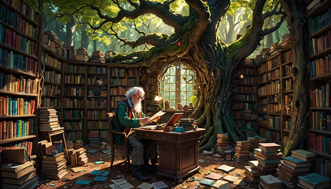 Steampunk Librarian in Magical Forest Bookshop