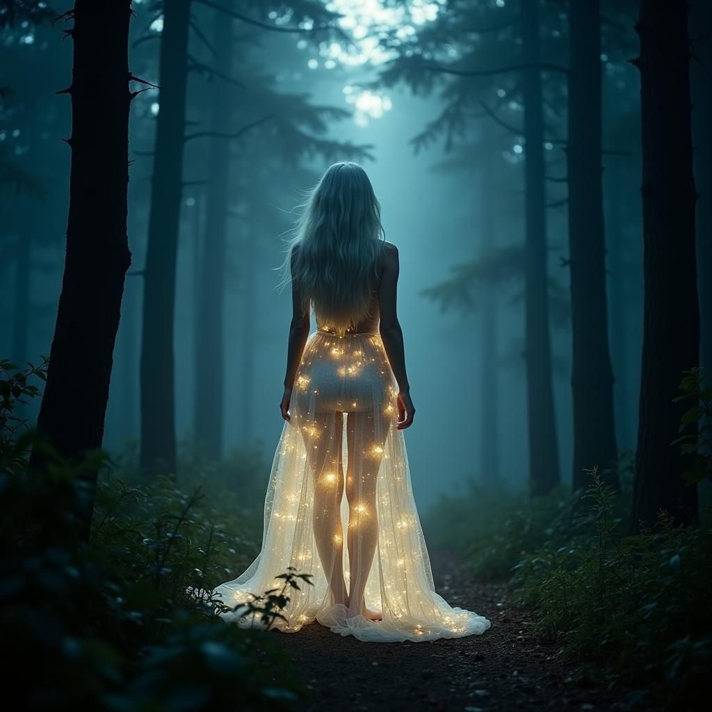 Luminous Woman in Moonlit Forest: Cinematic Film Still