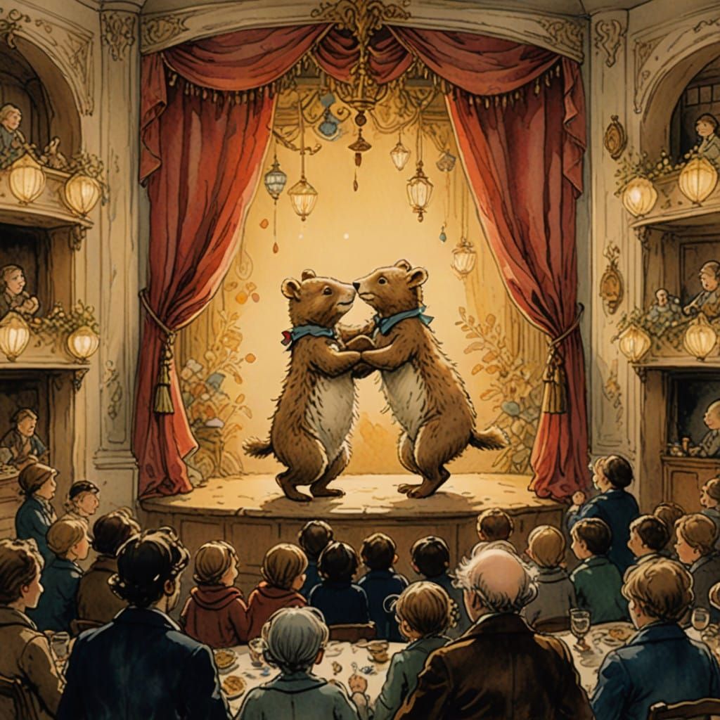 a quaint, ornate theater with a warm, golden glow, dimly lit...