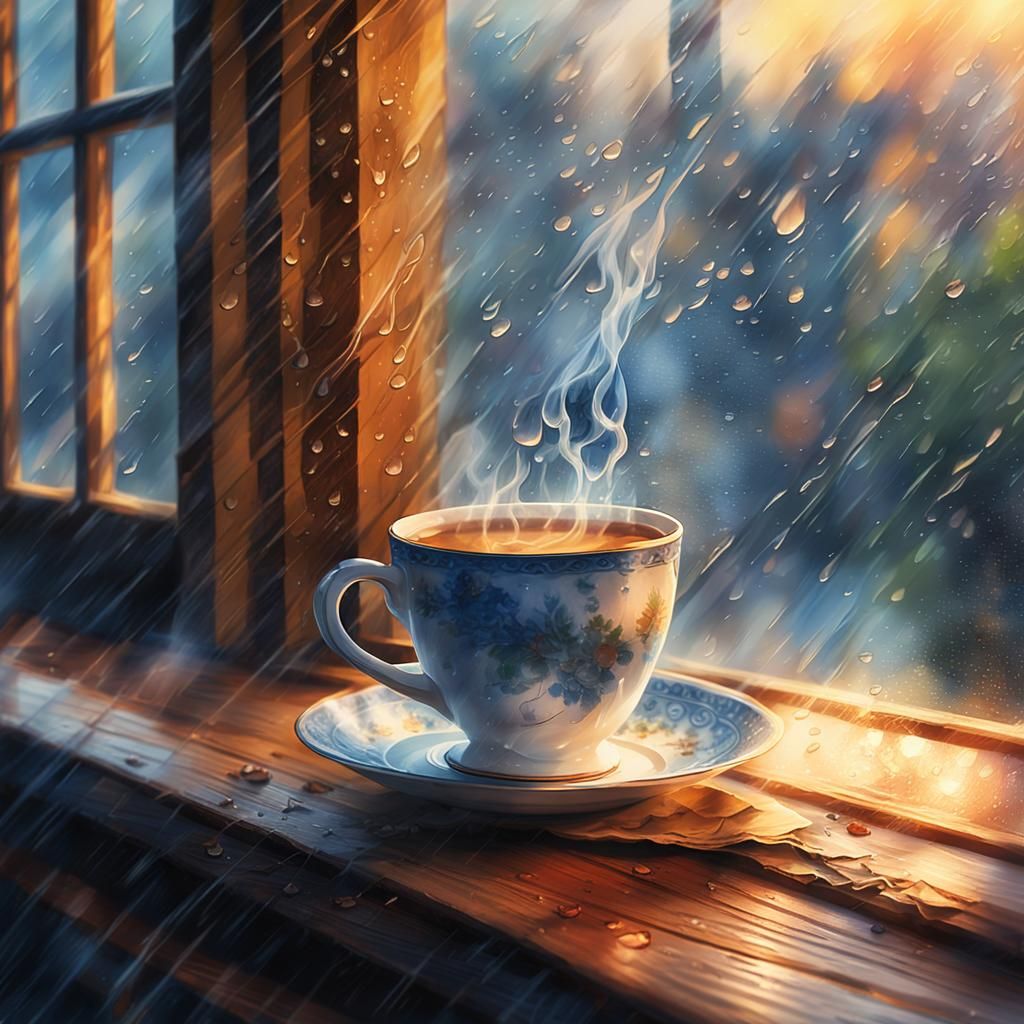 Steaming Tea Cup on Rainy Windowsill as Matte Painting