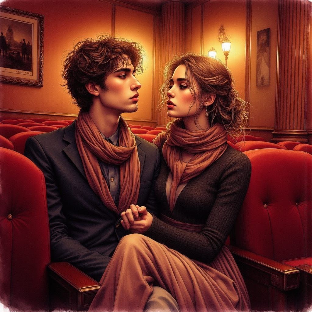 Parisian Cinema Scene in Watercolour and Ink Style