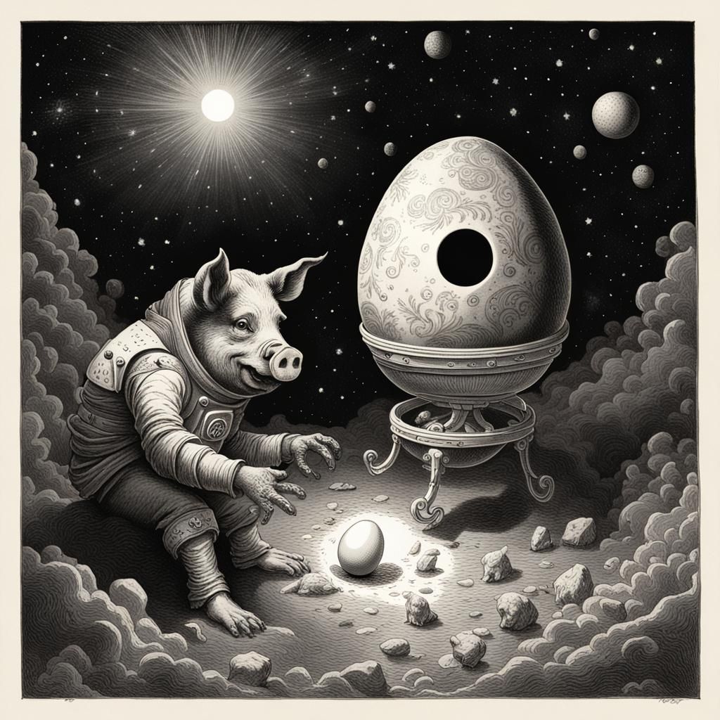 Pig Tattooing Egg in Space, Dark Engraving