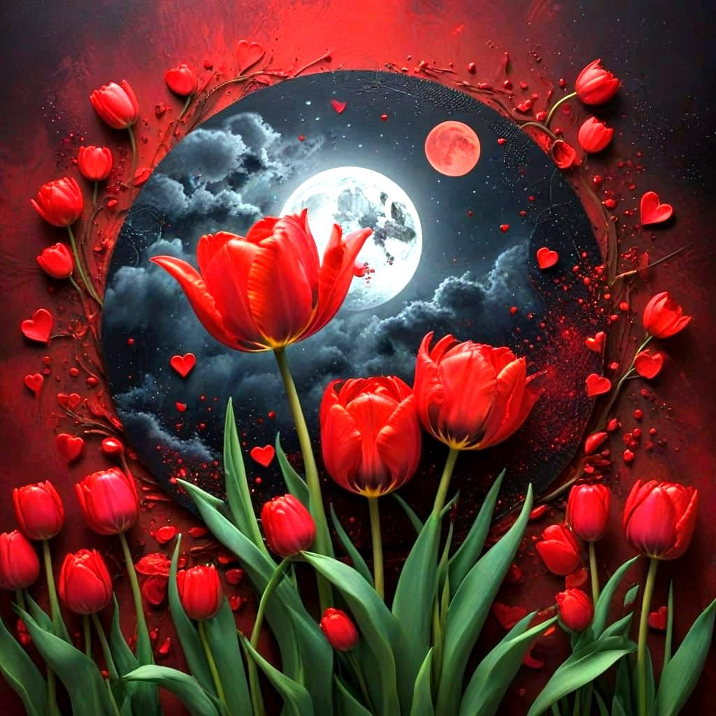 Ethereal Red Wedding Scene with Glowing Hearts and Blooming ...