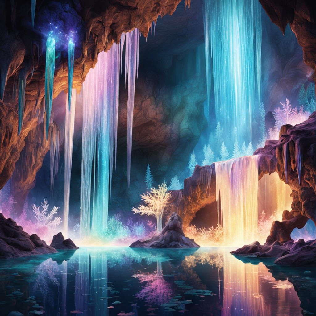 Glowing Waterfall Cascading in Crystal Cave