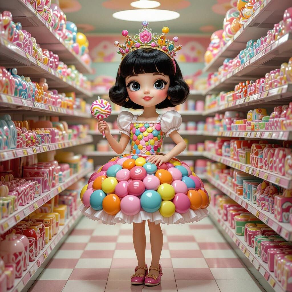 Glamorous Candy Girl in Lollipop Dress: Pop-Art Surrealism