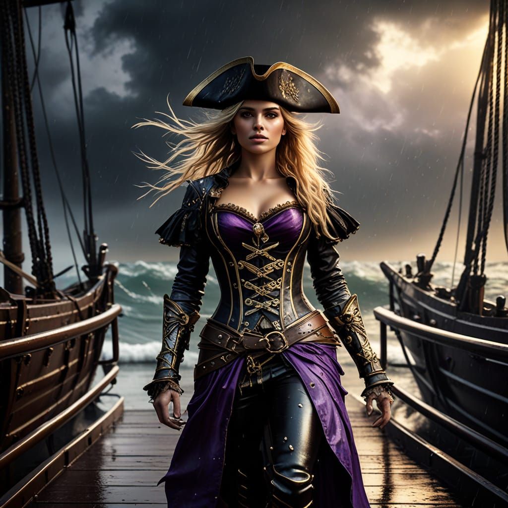 Fierce Pirate Queen on Ship Deck in Tempest