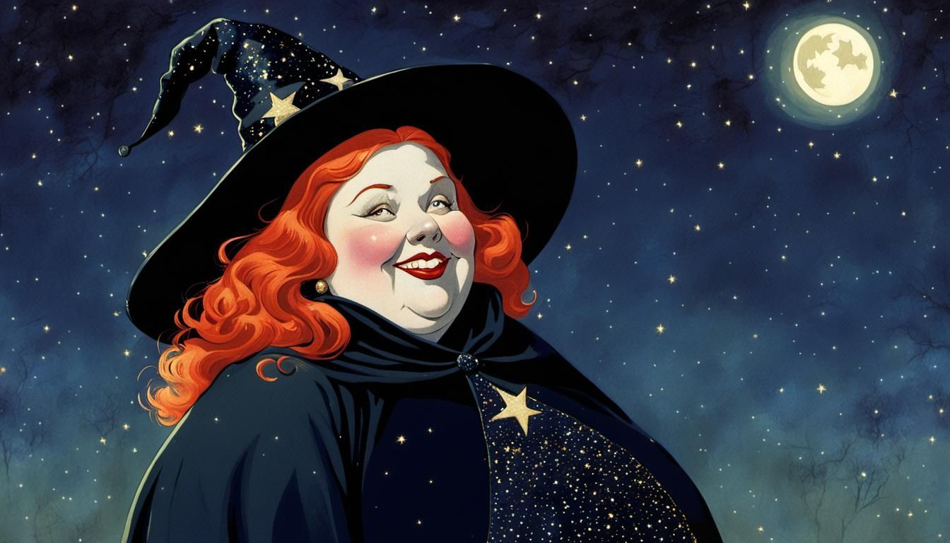 Obese Red-Haired Witch in Starry Chiaroscuro Lighting
