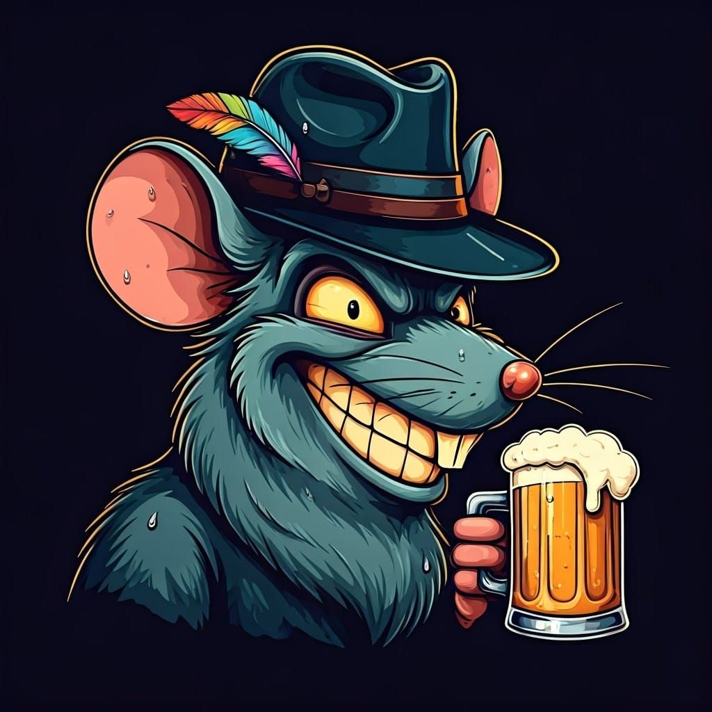 Cartoon Ratfink Mouse Sipping Beer in 2D Style