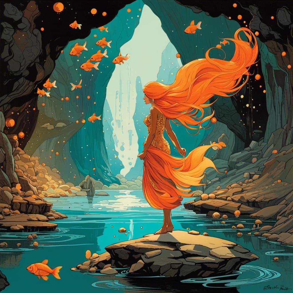 Anthropomorphic Goldfish Goddess in Cave