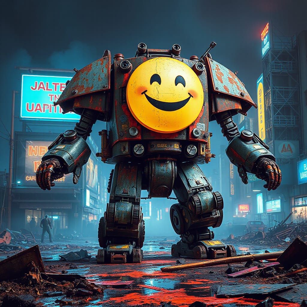 Colossal Mad Max Robot with Neon Emoji Face