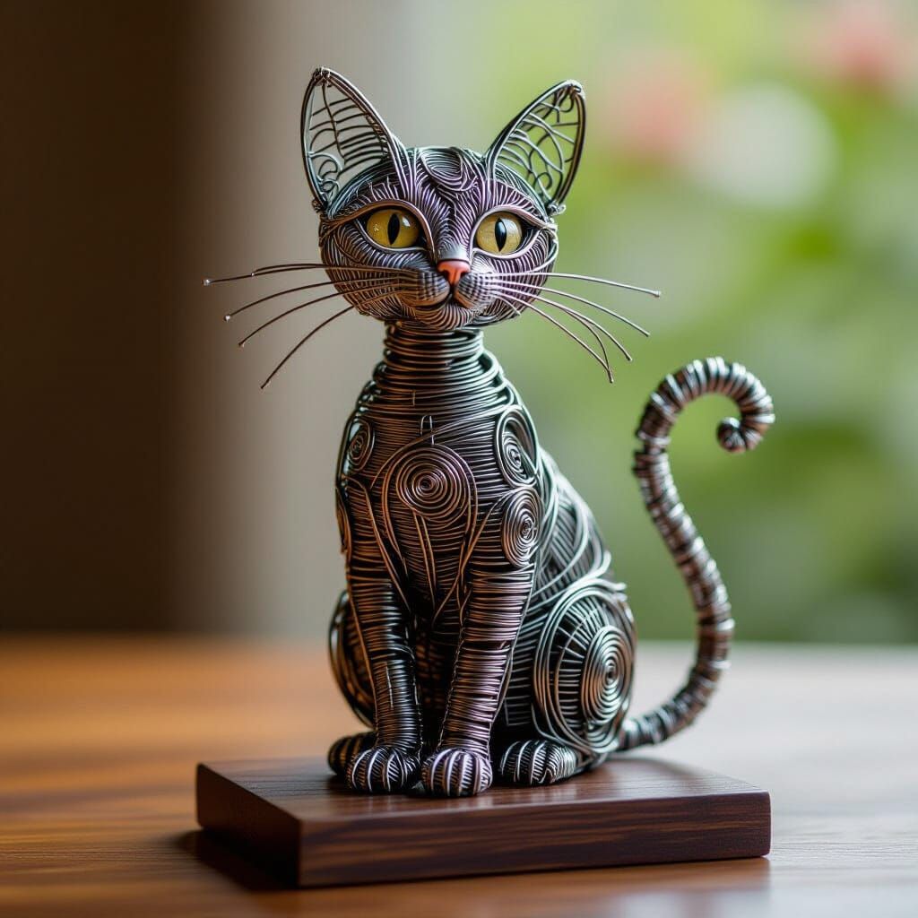 Realistic Wire Sculpture of a Sitting Cat