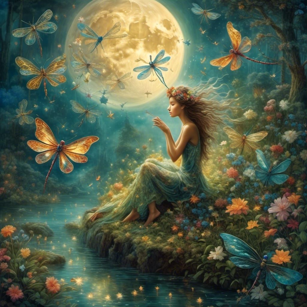 Ethereal Figure Touches Dragonflies and Stars