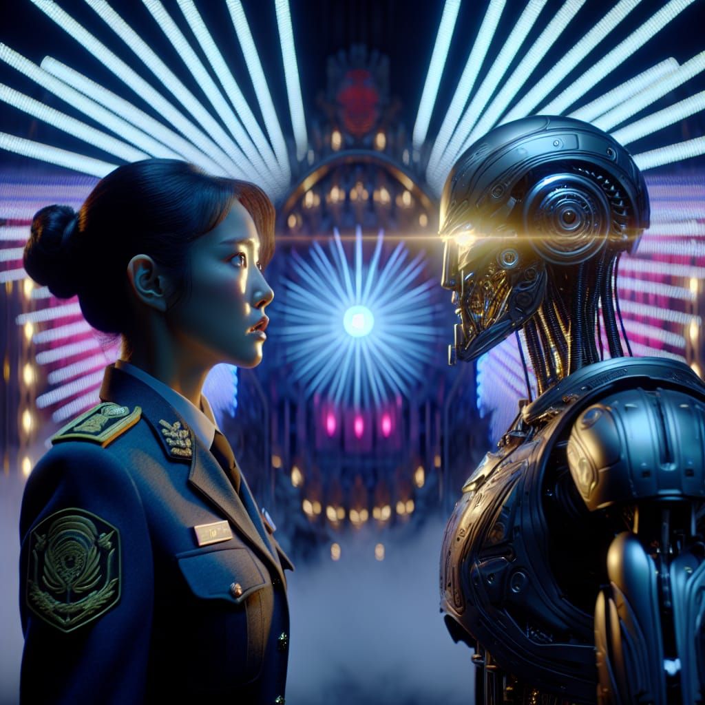 Futuristic Soldier vs Hypnotic Robot in Neon City