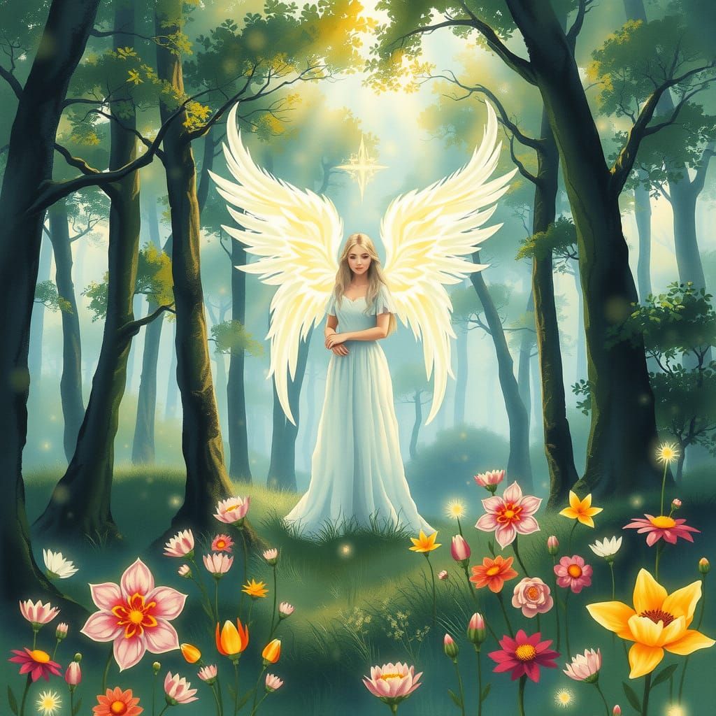 Mystical Angelic Figure in Mirkwood's Vibrant Bloom