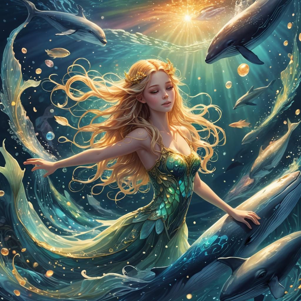 Fairy Nymph and Whale in Bioluminescent Ocean