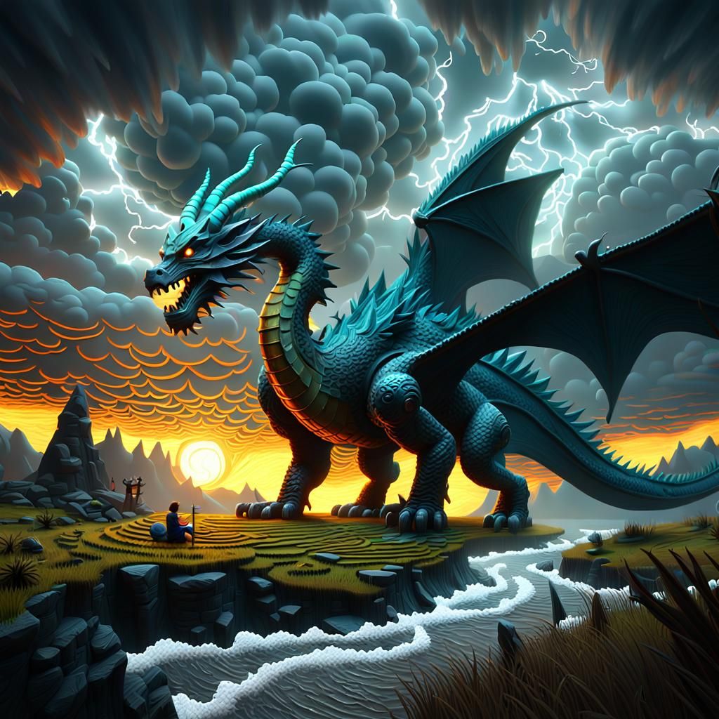 Druid King and Dragon in Surreal Landscape