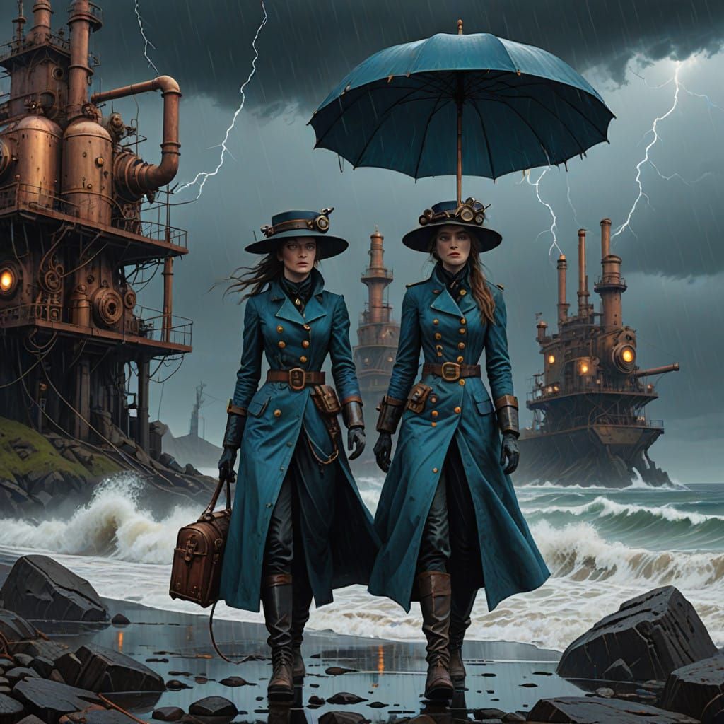 Victorian Women Seek Shelter from Stormy Seascape