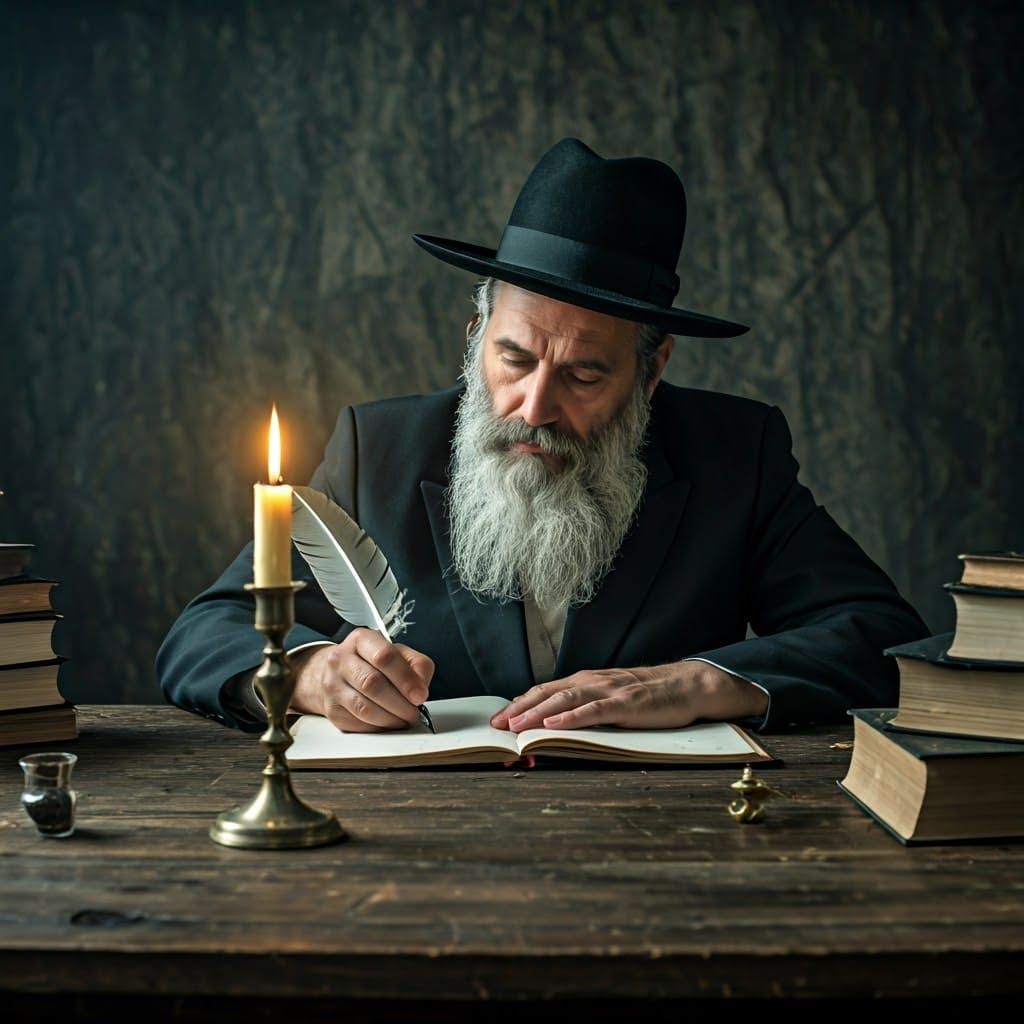 Devout Hasidic Man Writes by Candelabra in Rustic Study