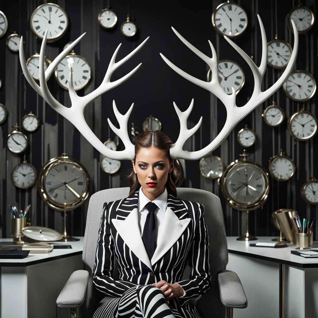 Surreal Woman with Antlers in Biomorphic Office