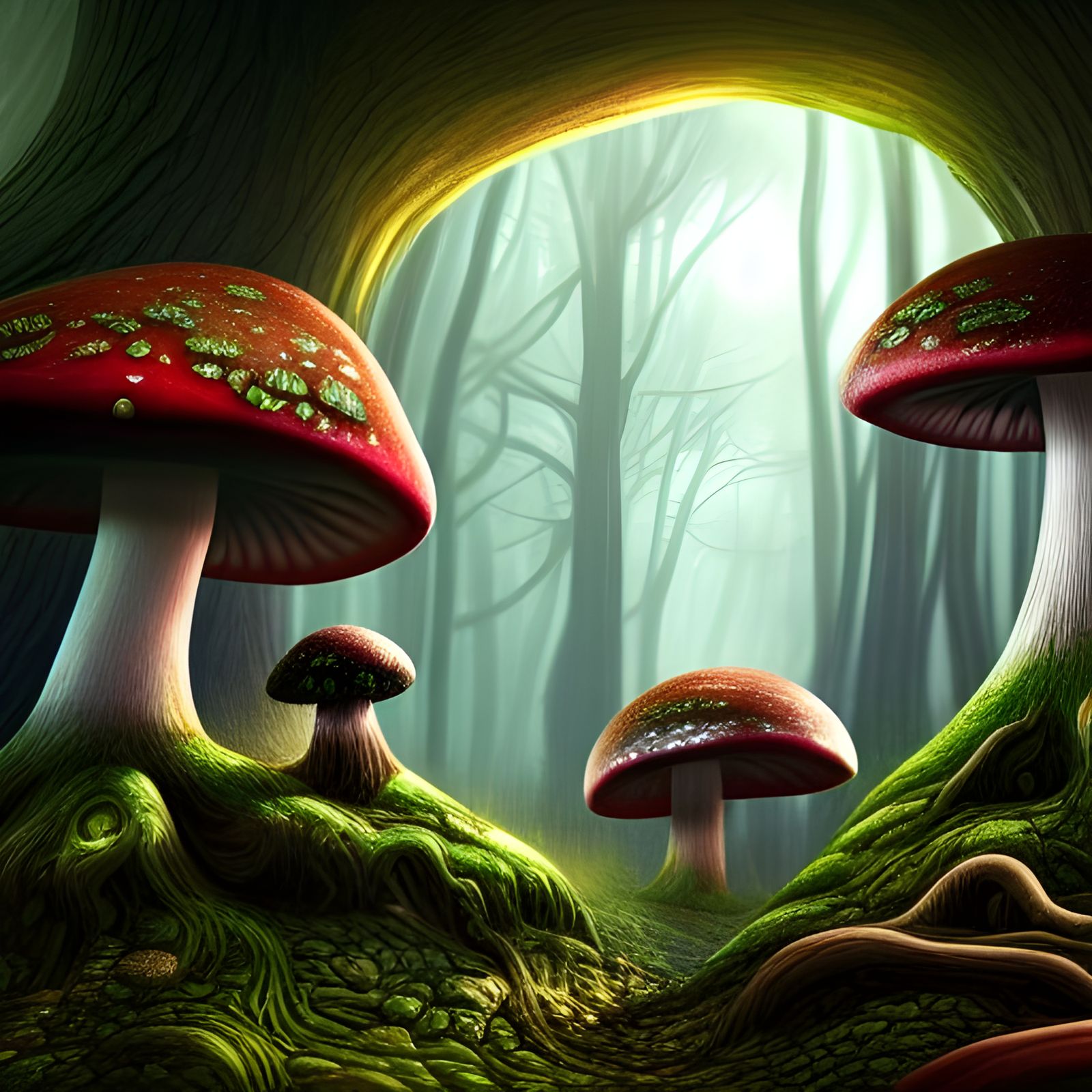 Surreal Mushroom Microcosm: Detailed Matte Painting
