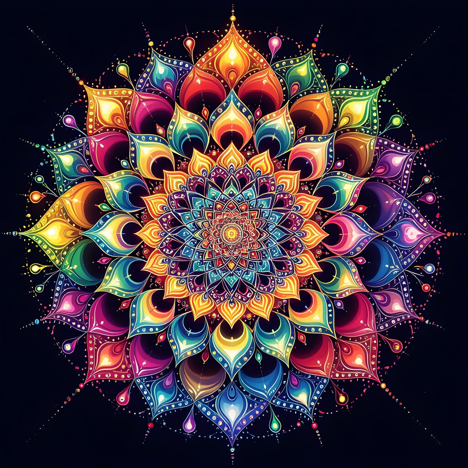 Psychedelic Rainbow Yantra Mandala of Liquid Drops