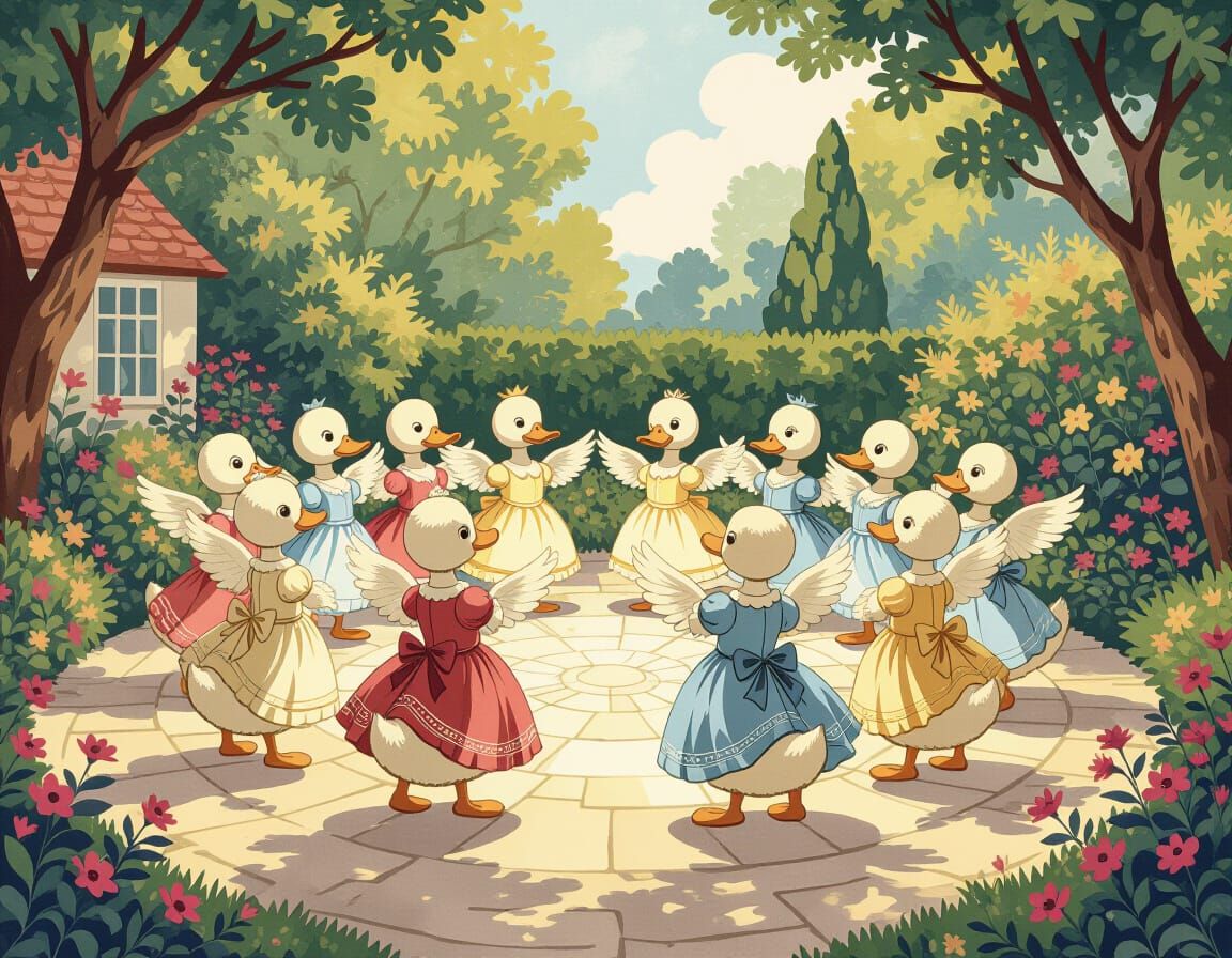 Fairytale Ducklings Dancing in an English Garden