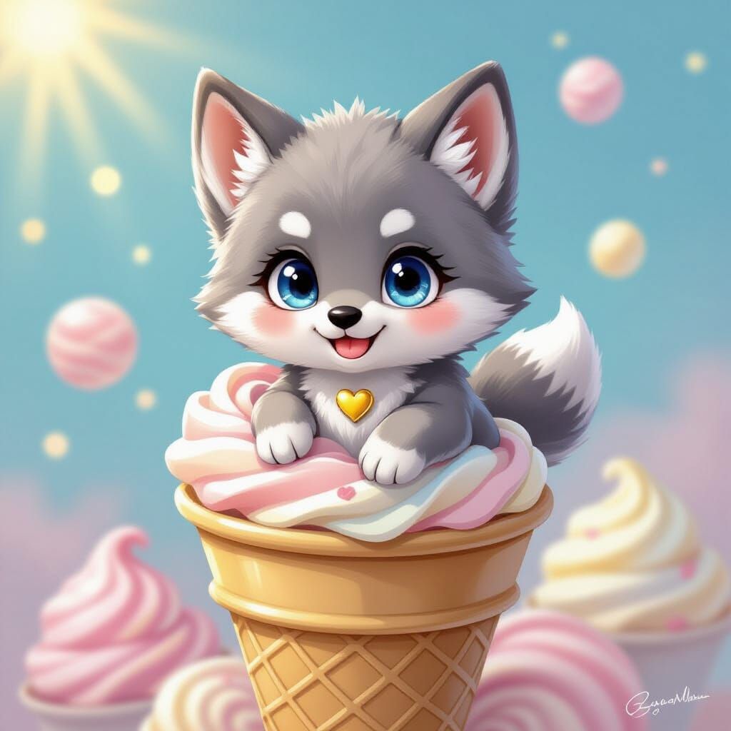 Adorable Chibi Wolf Cub in Ice Cream Cone, Gouache Style