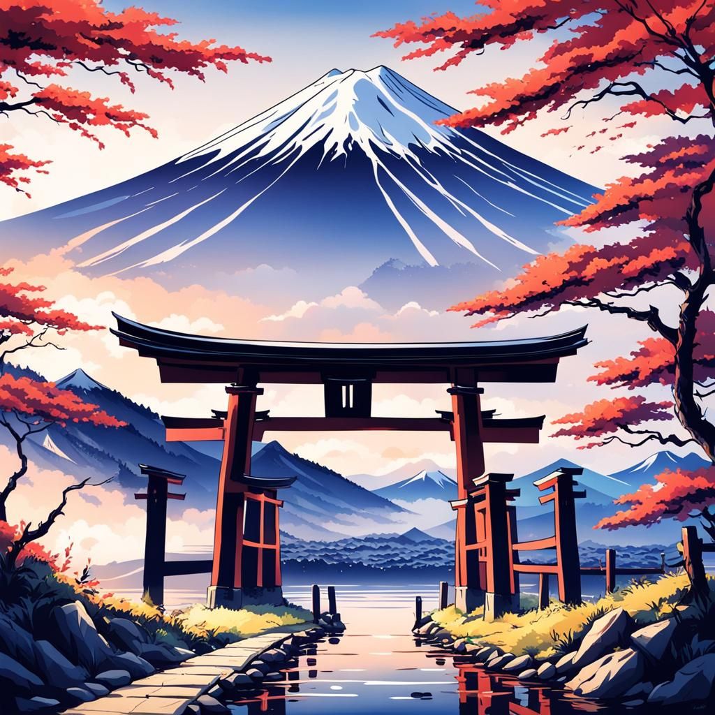 a beautiful japanese landscape with mount fuji and torii