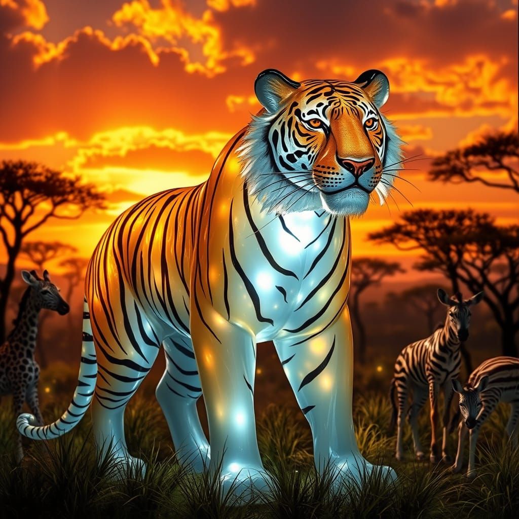 Glass Tiger Amidst African Wildlife in Vibrant Sunlight