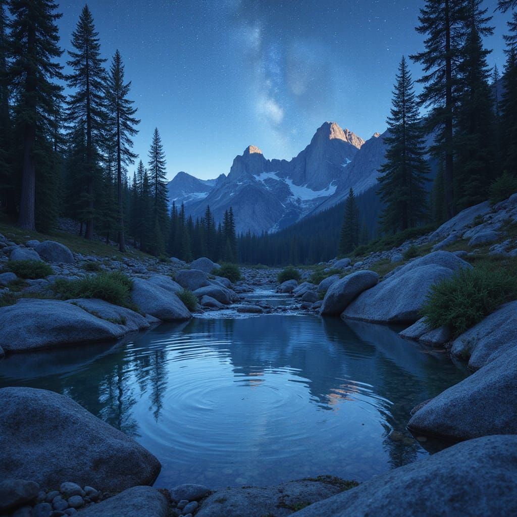 Starlit Mountain Spring Reflection in Atmospheric Landscape