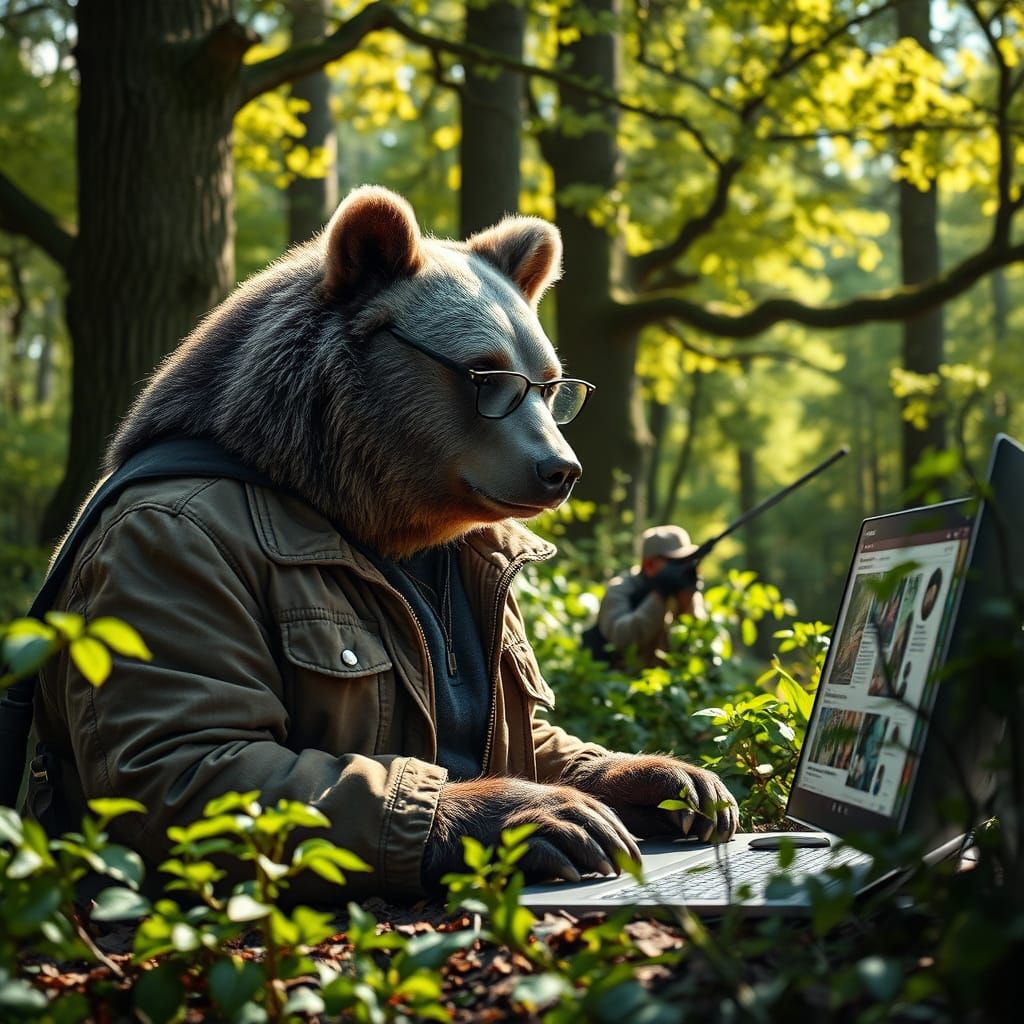 Bear in Forest Glade Surfs Internet with Tranquil Juxtaposit...
