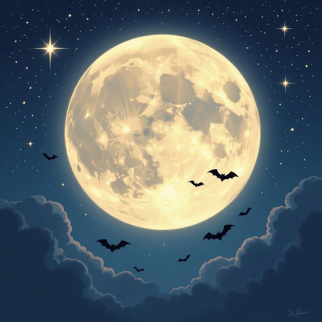 Radiant Star and Moonlit Bats in Whimsical Style