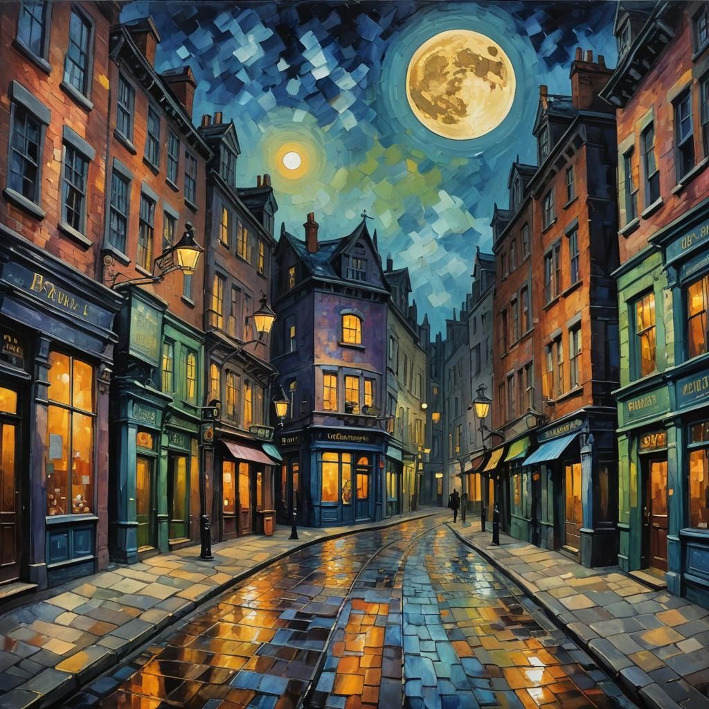 Diagon Alley store front street view old and dirty street lights full moon creatures