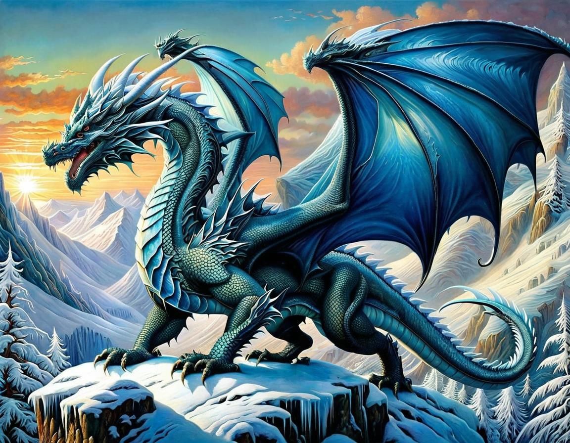 Dragon Soaring Over Snowy Peaks