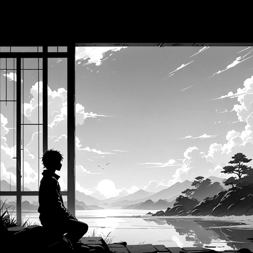 Contemplative Figure in Serene Asian-Inspired Landscape