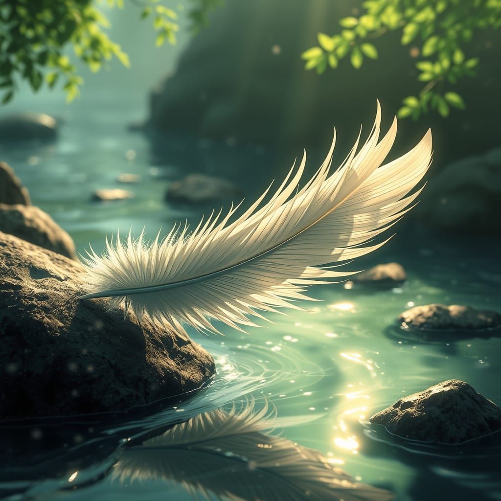 Anime-Style Feather Dances on River's Surface