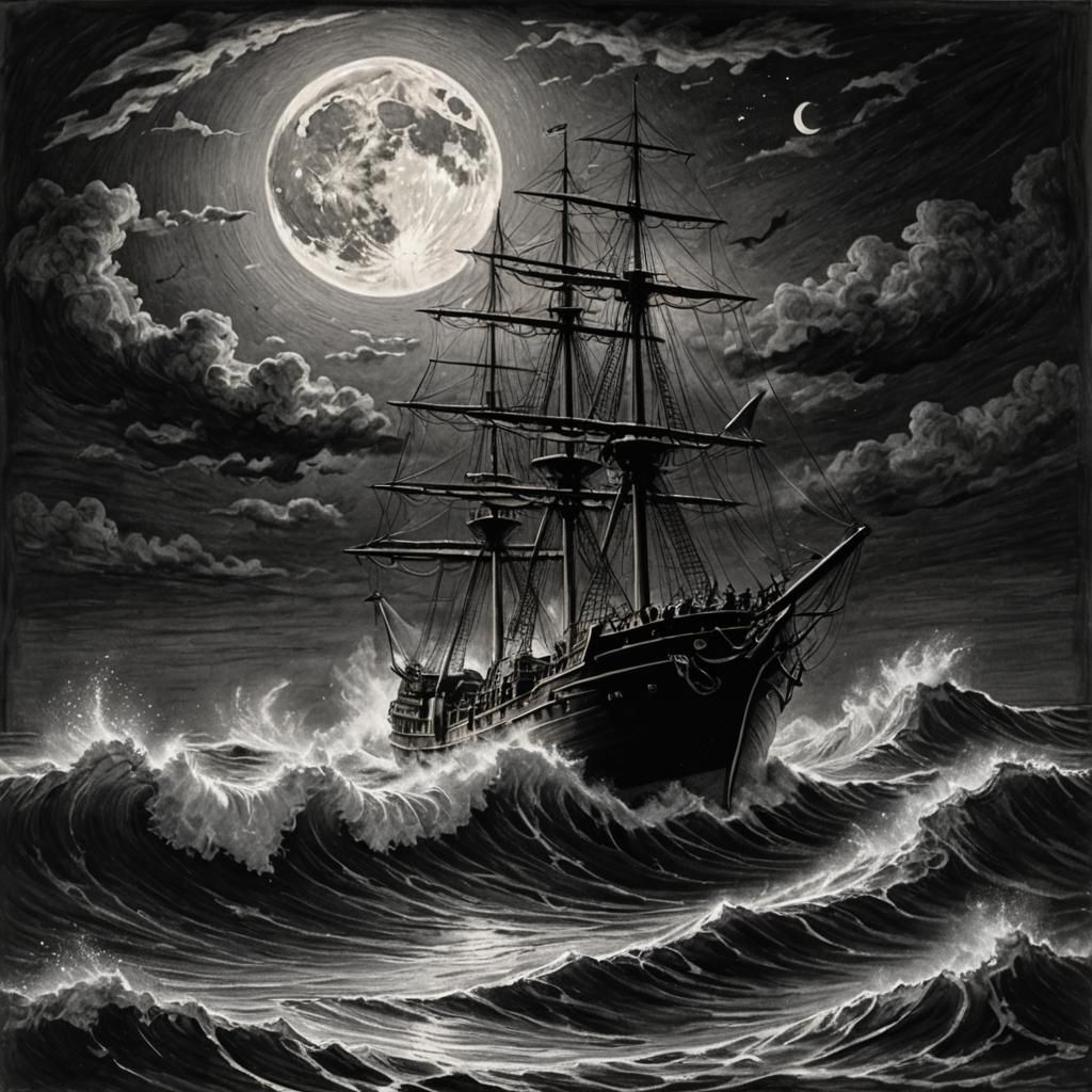 Charcoal Drawing of Ship at Sea Under Moonlight