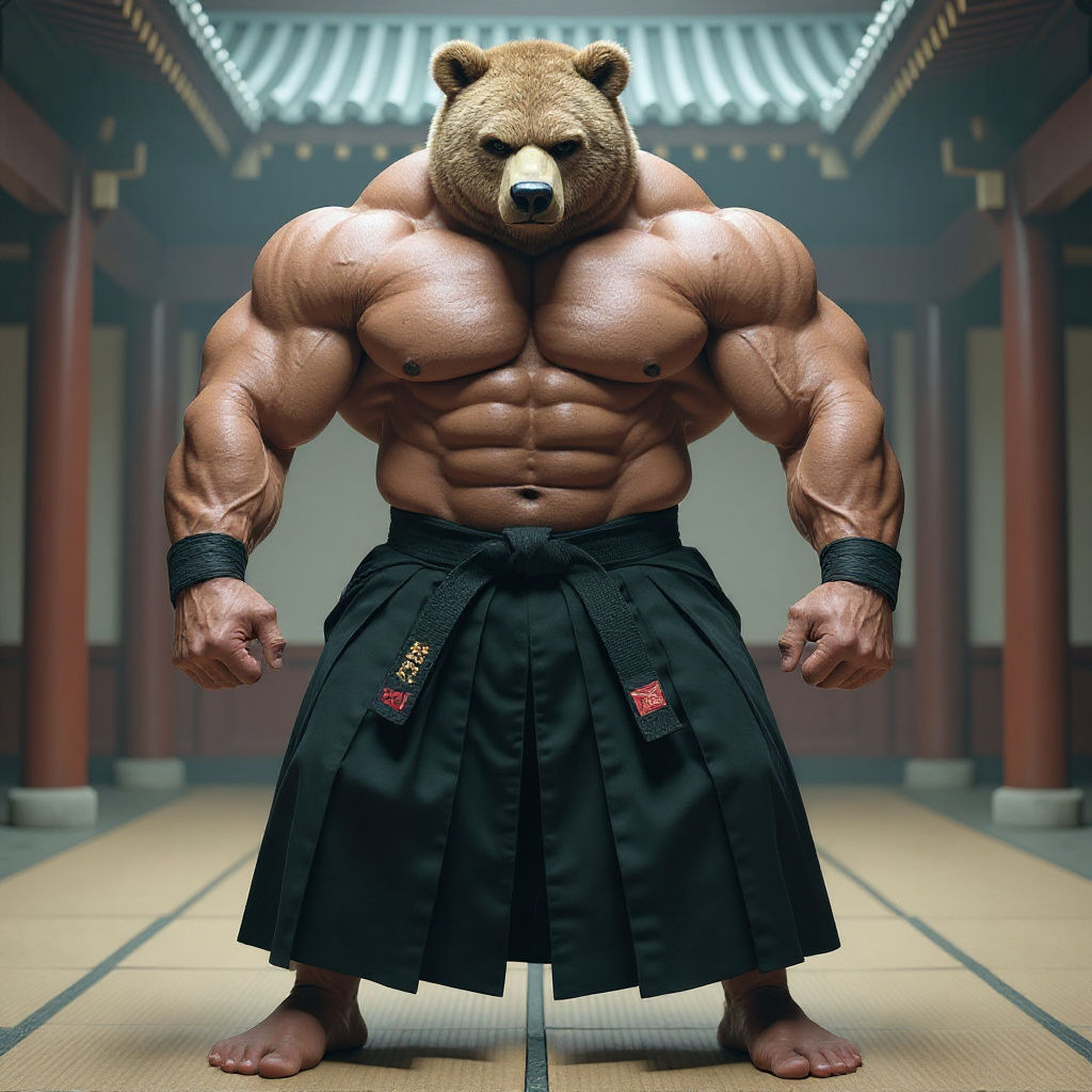 Muscular Aikido Bear Bodybuilder: Cinematic Film Still